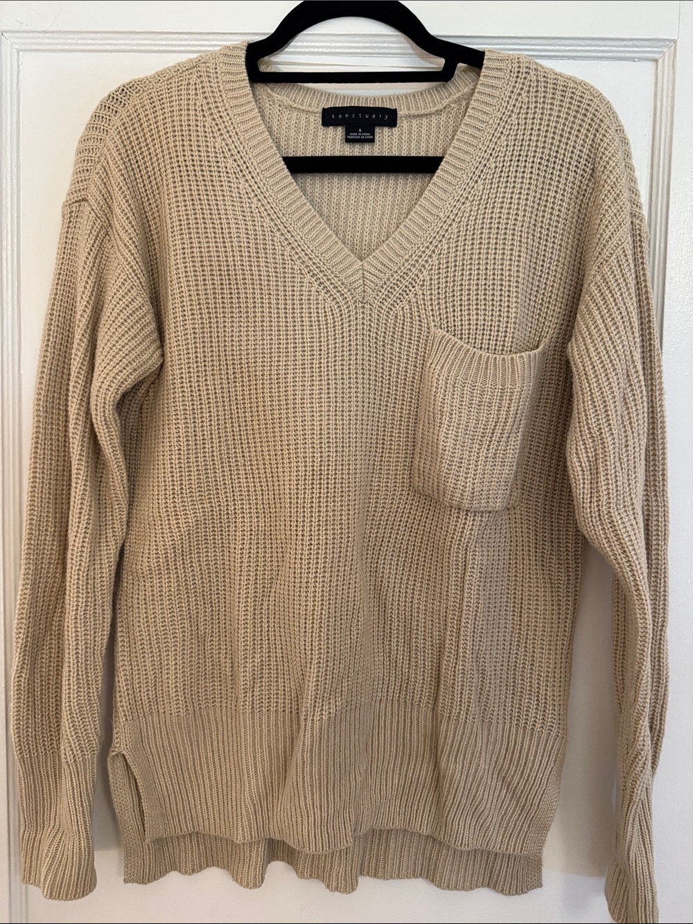 Sanctuary Women's V-Neck Crew Pocket Sweater in Beige